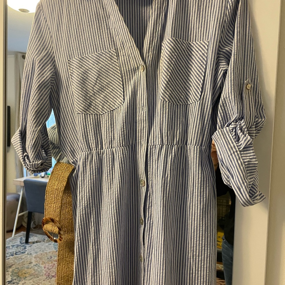 Zara Blue and White Seersucker Shirt dress